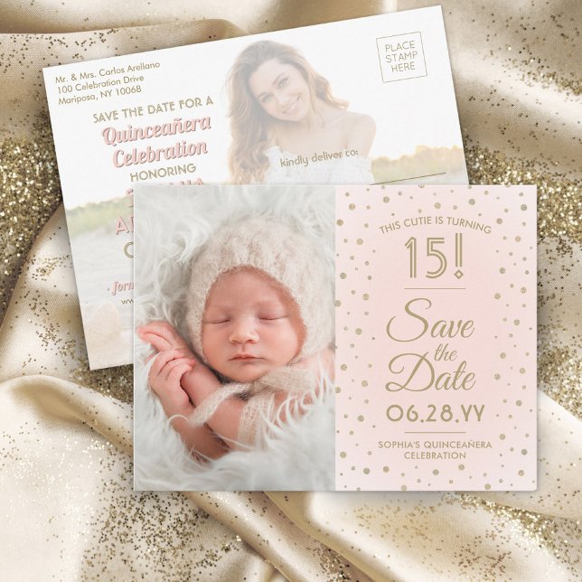 Dann & Jetzt Fotos Quinceañera Save the Date rosa Einladungspostkarte (Von Creator hochgeladen)