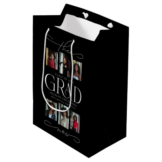 Dann & Jetzt Grad Foto Collage Abschluss Mittlere Geschenktüte (Vorderseite Schrägansicht)