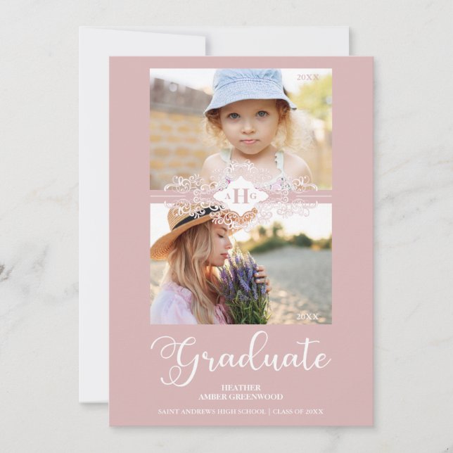 Dann & Jetzt Pink Lace Blühe Graduate Foto Einladung (Vorderseite)