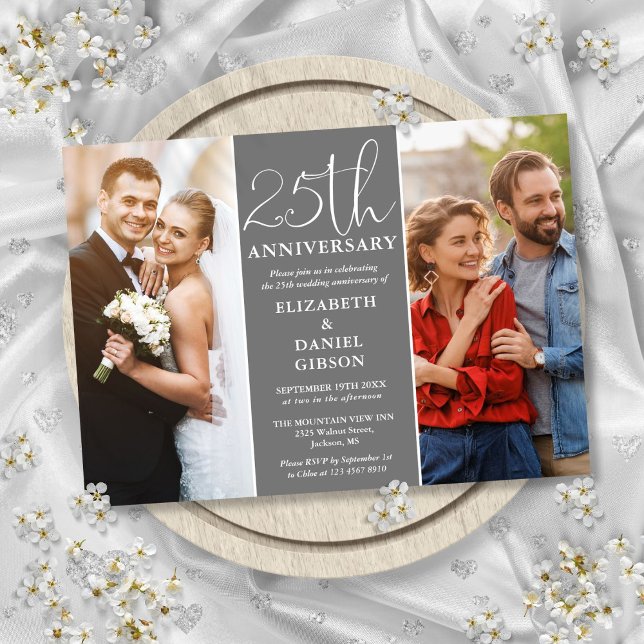 Dann und jetzt 2 Foto 25. Hochzeitstag Einladung (Then And Now 2 Photo 25th Wedding Anniversary Invitation)