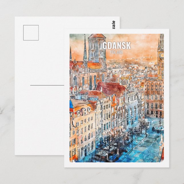 Danzig Polen Bekannte Wasserfarbskizze für Reisen Postkarte (Vorne/Hinten)