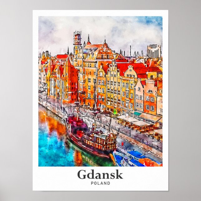 Danzig Polen Reisen Wasserfarben Hand gezogen Poster (Vorne)