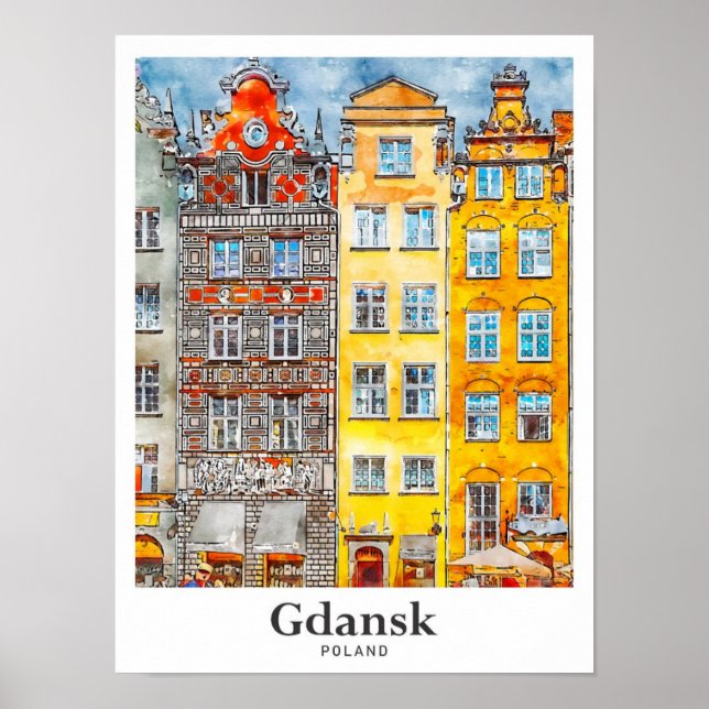 Danzig Polen Reisen Wasserfarben Hand gezogen Poster (Vorne)