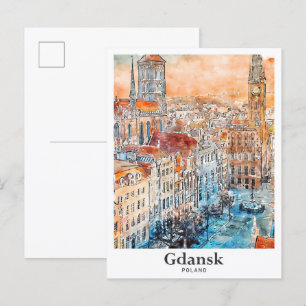 Danzig Polen Reisen Wasserfarben Hand gezogen Postkarte