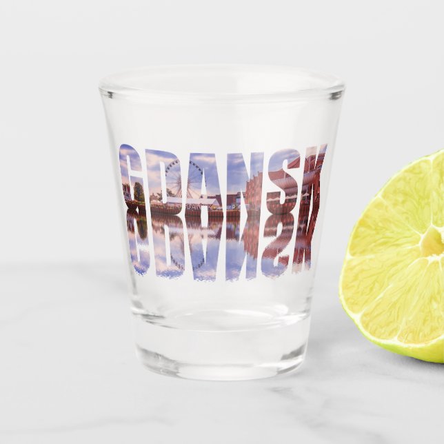 Danziger Text mit Blick auf die Altstadt, Reflexio Schnapsglas (Vorderseite)