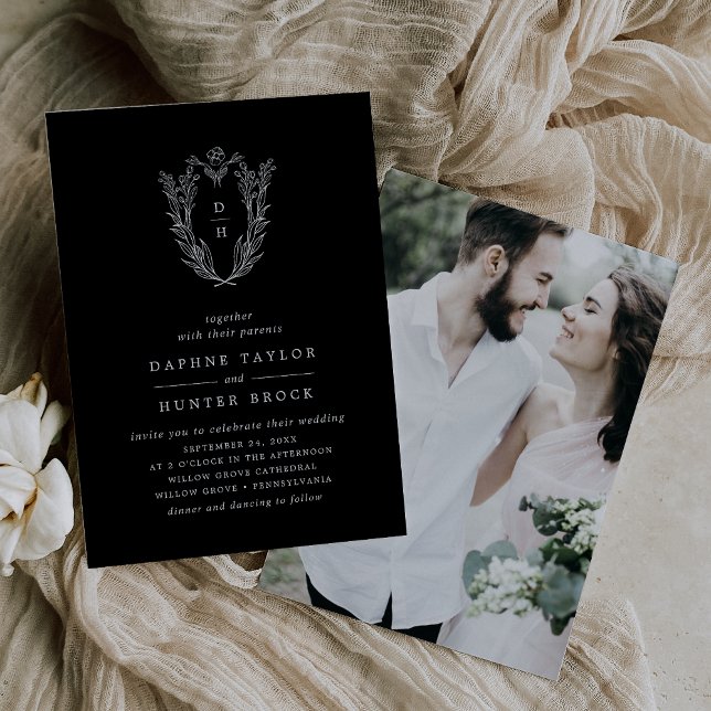 DAPHNE Botanisches Schwarzes Foto Hochzeit Einladung (DAPHNE Botanical Dark Black Elegant Photo Wedding Invitation)