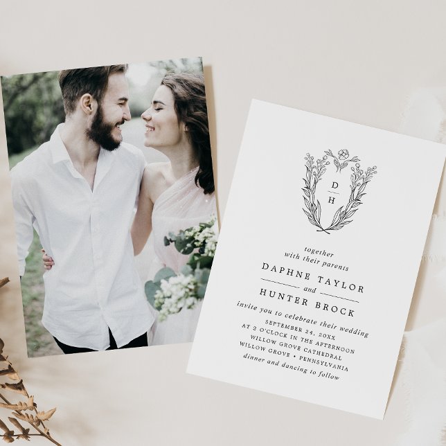 DAPHNE Classic Schwarz-weiß Floral Foto Wedding Einladung (DAPHNE Classic Black White Floral Photo Wedding Invitation)