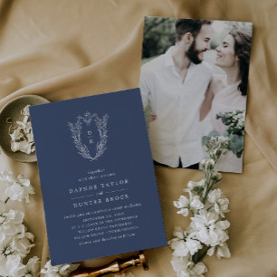 DAPHNE Dark Blue Modern Navy Foto Wedding Einladung