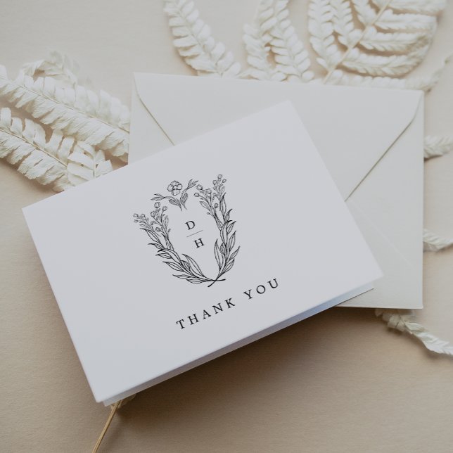 DAPHNE Faltes klassisches Schwarz-weißes Blumenzeh Dankeskarte (DAPHNE Folded Classic Black White Floral Wedding Thank You Card)