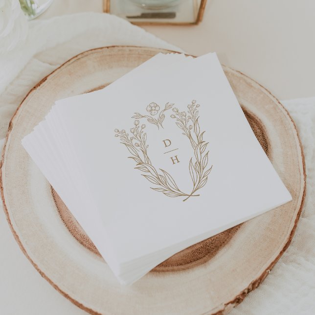 DAPHNE Floral Gold Weißer Chic Klassisches Wappen  Serviette (DAPHNE Floral Gold White Chic Classy Crest Wedding Napkins)