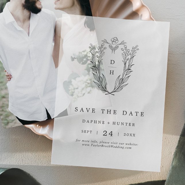 DAPHNE Floral Monogram Black Wedding Save the Date (DAPHNE Floral Monogram Black Wedding Save The Date Vellum Invitations)