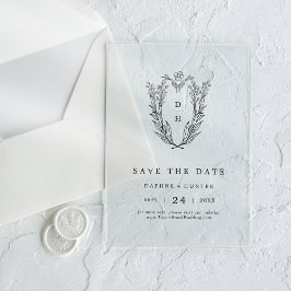 DAPHNE Floral Monogram Black Wedding Save the Date Acryleinladungen