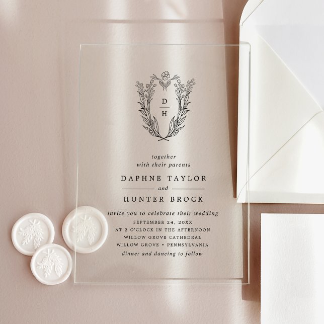 DAPHNE Floral Monogram Classic Vintage Wedding Acryleinladungen (DAPHNE Floral Monogram Classic Vintage Wedding Acrylic Invitations)