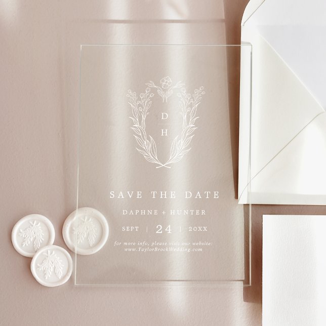 DAPHNE Floral Monogram White Wedding Save the Date Acryleinladungen (DAPHNE Floral Monogram White Wedding Save The Date Acrylic Invitations)