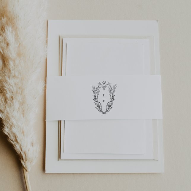 DAPHNE Floral Wappen Schwarz-weiß Minimalistische  Einladungsbanderole (DAPHNE Floral Crest Black White Minimalist Wedding Invitation Belly Band)