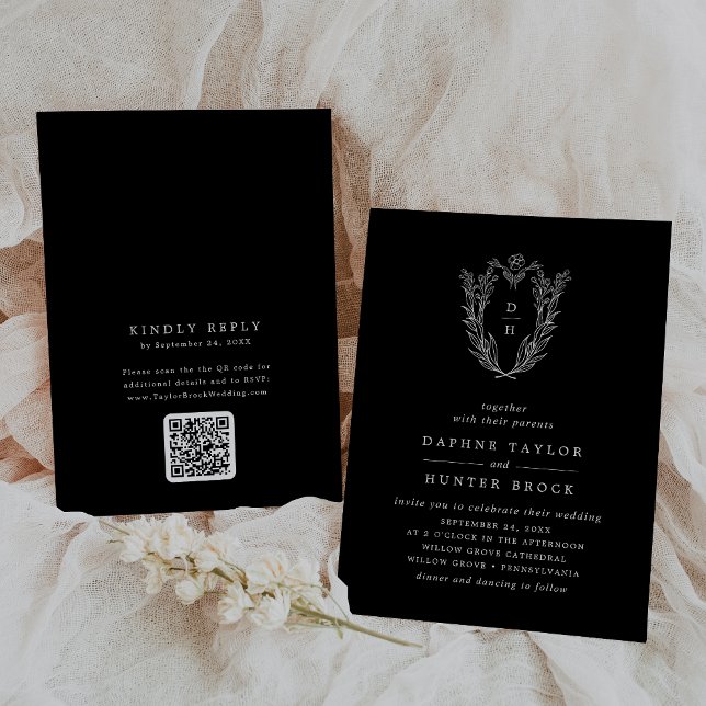 DAPHNE QR Code Floral Dark Black Simple Wedding Einladung (DAPHNE QR Code Floral Dark Black Simple Wedding Invitation)