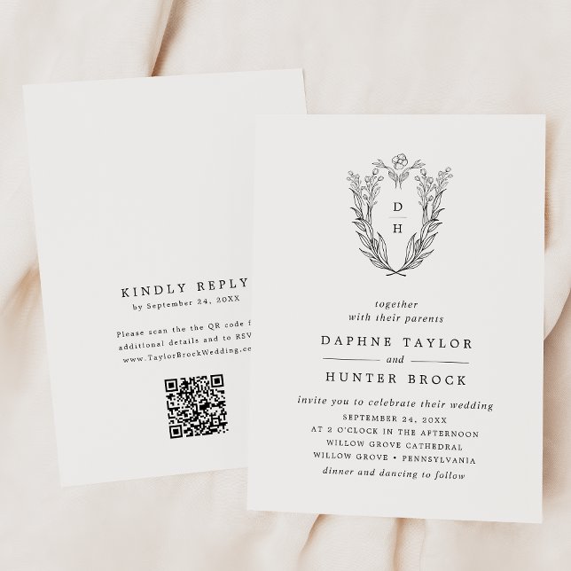 DAPHNE QR Code Schwarz-weiß Monogram Simple Weddin Einladung (DAPHNE QR Code Black White Monogram Simple Wedding Invitation)