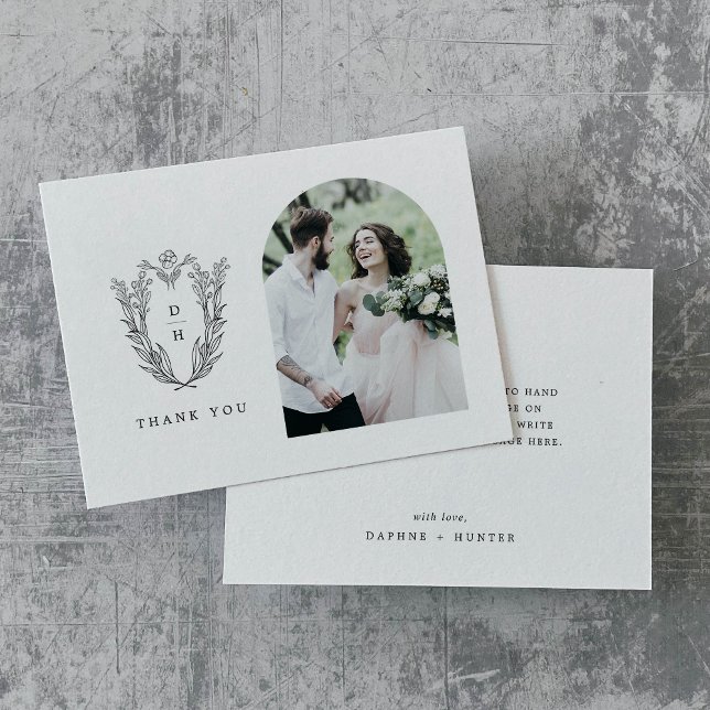 DAPHNE Schwarz-weißes Minimalistisches Foto Hochze Dankeskarte (DAPHNE Flat Black White Minimalist Photo Wedding Thank You Card)