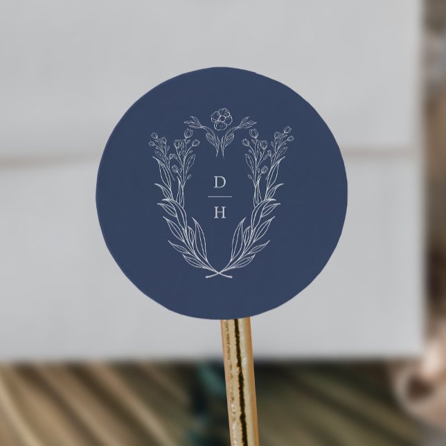 DAPHNE Simple Dark Blue Modern Wedding Monogram Runder Aufkleber (DAPHNE Simple Dark Blue Modern Wedding Monogram Classic Round Sticker)