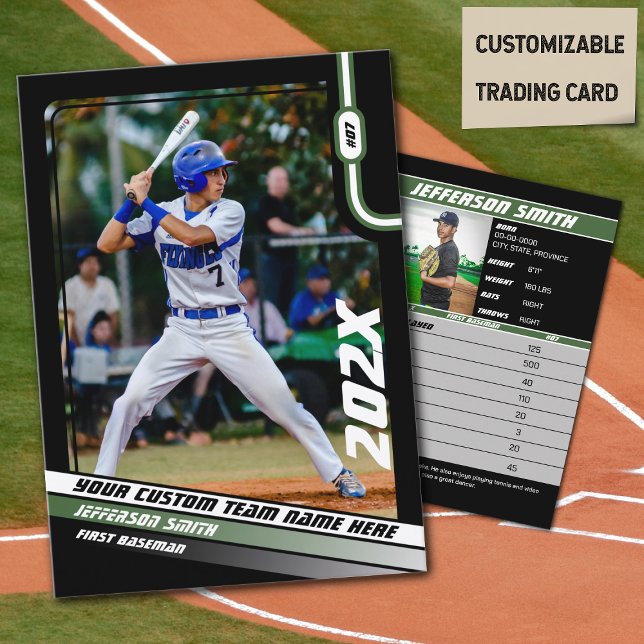 D'appel Carte de commerce de joueur de baseball personnali (Baseball Player Trading Card in Black with Custom Team Name and Green White Elements)