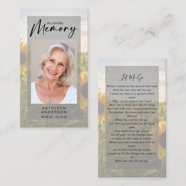 D'appel Carte de prière commémorative | Tournesols (Devant / Derrière)