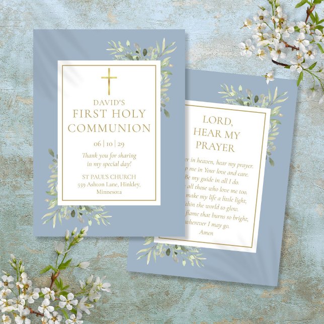 D'appel Carte de prière de première communion Greenery Blu (Greenery Blue First Holy Communion Prayer Card)