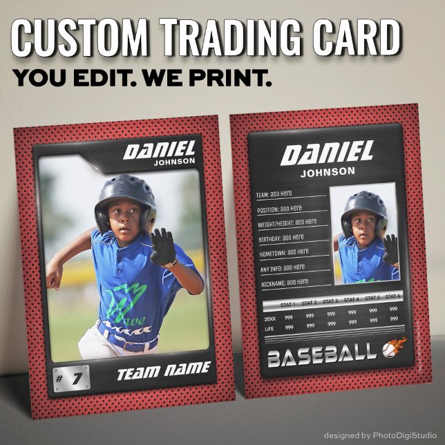 D'appel Carte PRO Baseball avec carte de commerce Stats Pl (Custom Baseball Trading Card, Red Black PRO Stats Player Card)