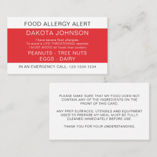 D'appel Carte rouge d'alerte aux allergies alimentaires
