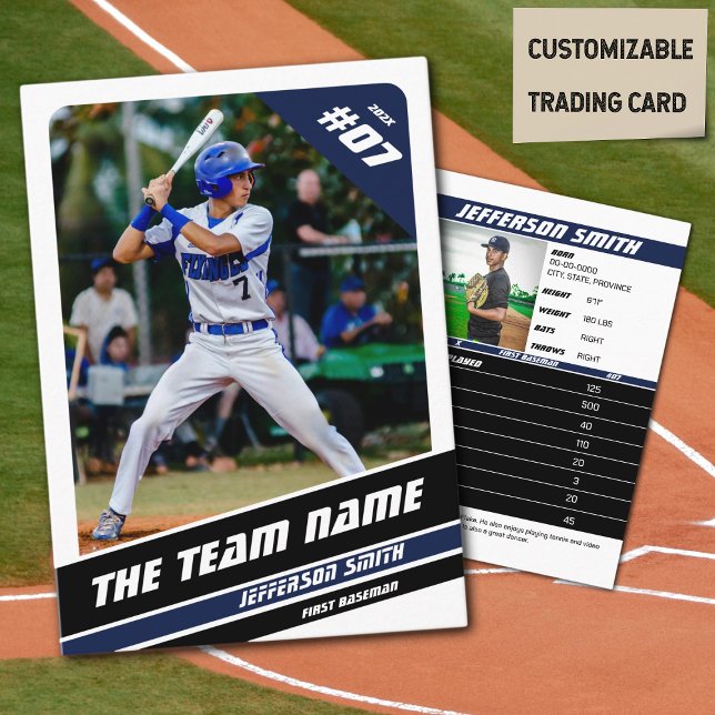 D'appel Équipe de baseball carte de commerce cadeau bleu b (Baseball Player Trading Card in White with Custom Team Name and White Blue Elements)