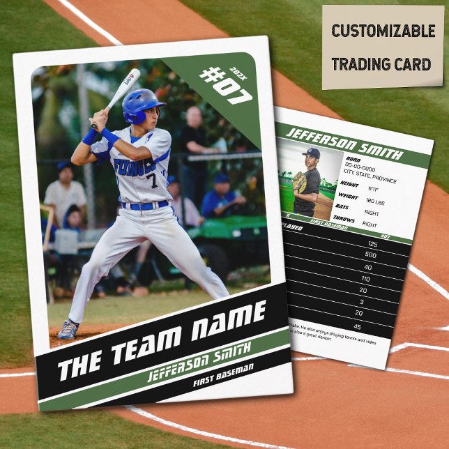 D'appel Équipe de baseball carte de commerce cadeau Vert b (Baseball Player Trading Card in White with Custom Team Name and Green and Black Elements)