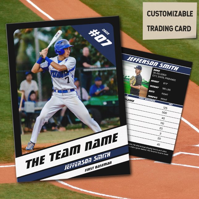 D'appel Équipe de baseball carte de commerce Sport cadeau  (Baseball Player Trading Card in Black with Custom Team Name and White Blue Elements)