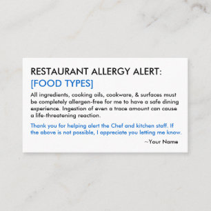 D'appel Restaurant et carte ICE pour les allergies aliment