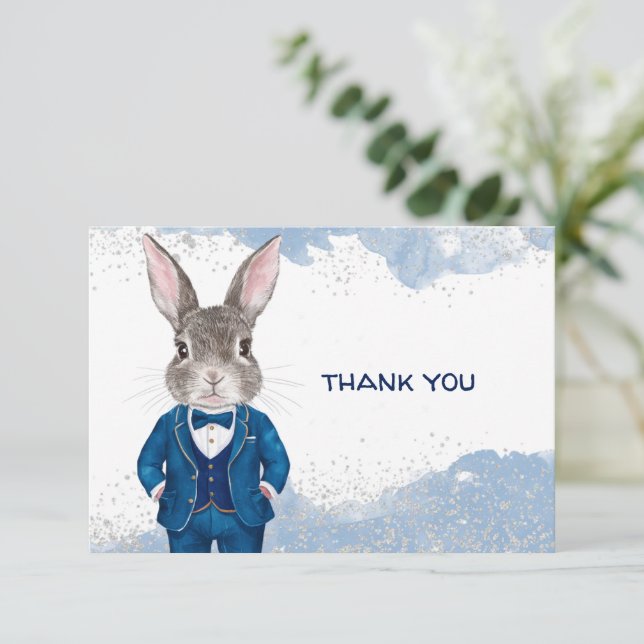 Dapper Boy Bunny in Blue Anzug und Bow Krawatte Dankeskarte (Stehend Vorderseite)