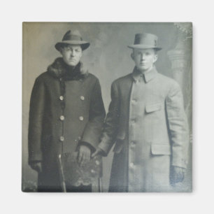 Dapper Brothers in Overcoats RPPC B&W Foto Image Magnet