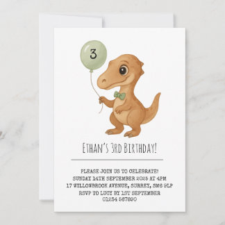 Dapper Brown Dino with Green Bow Tie Birthday Einladung
