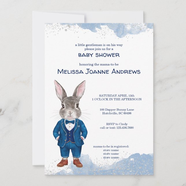 Dapper Bunny in einem Blue Anzug Boy Baby Dusche Einladung (Vorderseite)