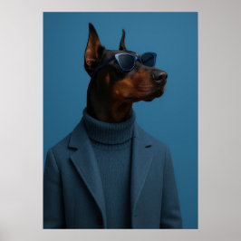 Dapper Doberman in Blue Turtleneck and Sunglasses Poster