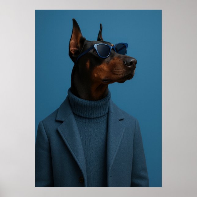 Dapper Doberman in Blue Turtleneck and Sunglasses Poster (Vorne)