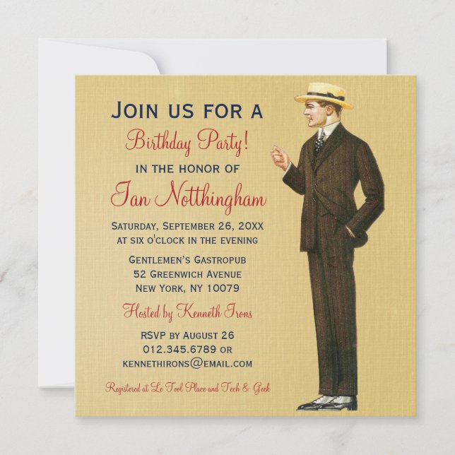 Dapper Gentleman's Geburtstagsparty Einladungen (Vorderseite)