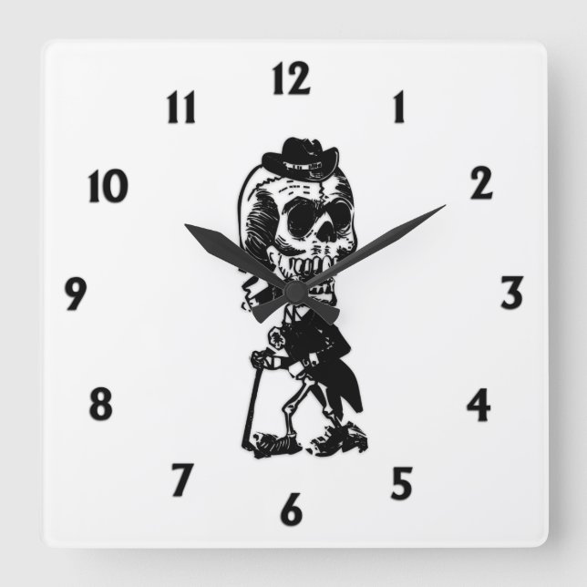 Dapper Skelett mit schwarzen Zahlen Quadratische Wanduhr (Vorderseite)