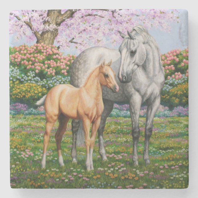 Dapple Gray Quarter Horse Mare Palomino Foal Steinuntersetzer (Vorderseite)
