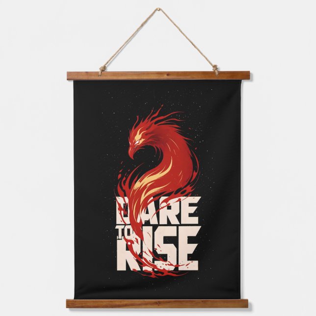 Dare to Rise – Phoenix-Inspired Motivational Wandteppich Mit Holzrahmen (Vorderseite)