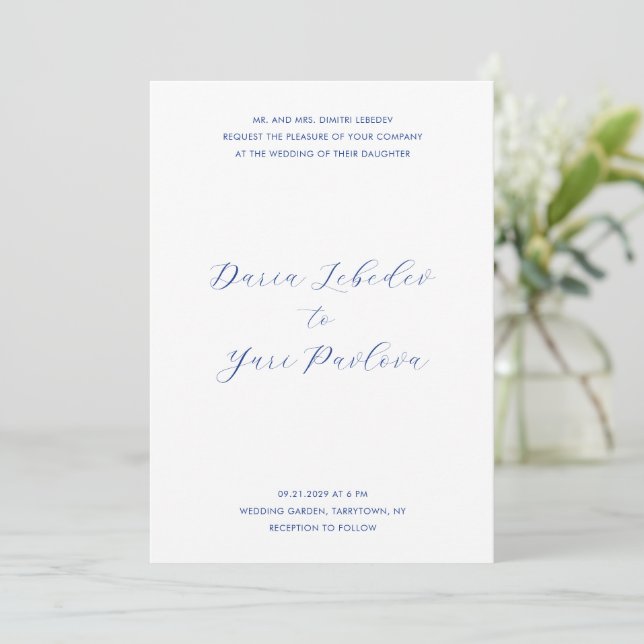 Daria Cobalt Blue Modern Wedding Einladung (Stehend Vorderseite)