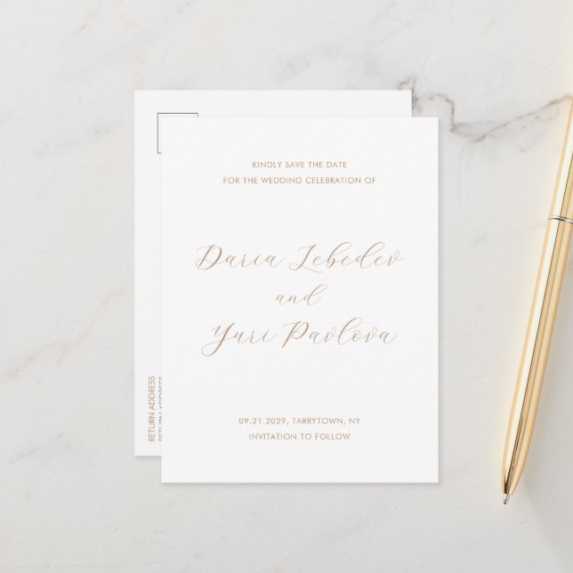Daria Taupe Moderne Hochzeit retten das Datum Ankündigungspostkarte (Vorderseite/Rückseite Beispiel)