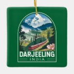 Darjeeling India Travel Art Emblem Keramikornament<br><div class="desc">Darjeeling retro Vektor Reise Design. Darjeeling ist eine Stadt im Bengalischen Staat im Westen Indiens,  in den Ausläufern des Himalaya. Es bleibt der Endpunkt der schmalspurigen Darjeeling Himalayan Railway. Bekannt für den unverwechselbaren schwarzen Tee,  der auf Plantagen an den umliegenden Hängen angebaut wurde.</div>