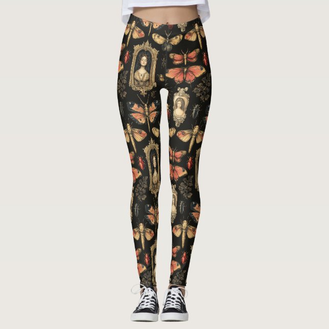 Dark Academia Goth Victorian Gothic Cameo Red Moth Leggings (Vorderseite)