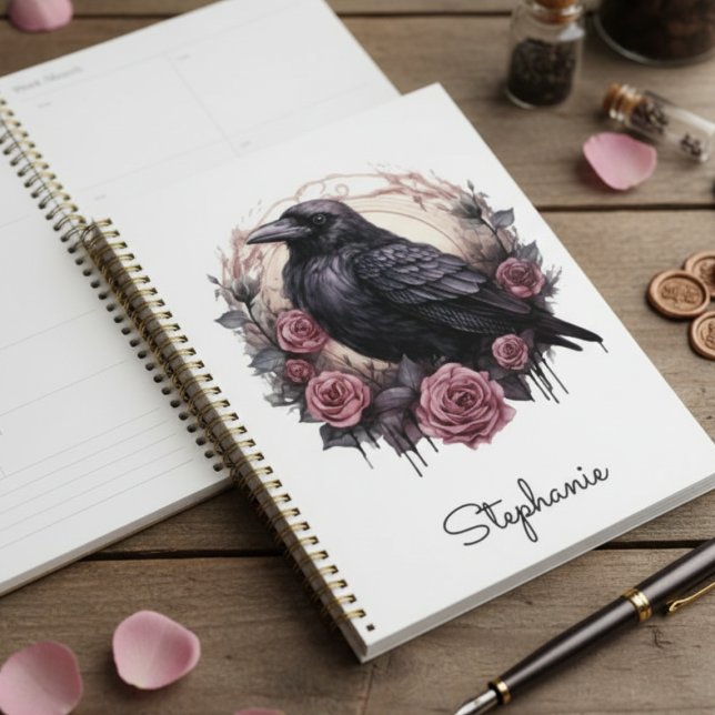 Dark Academia Gothic Raven Pink Floral Planer (Gothic daily planner)