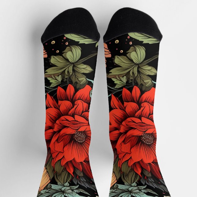 Dark Academia Maximalist Red Dahlia Floral  Socken (Oben)