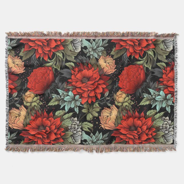 Dark Academia Maximalist Red Dahlia Throw Blanket Decke (Vorderseite)