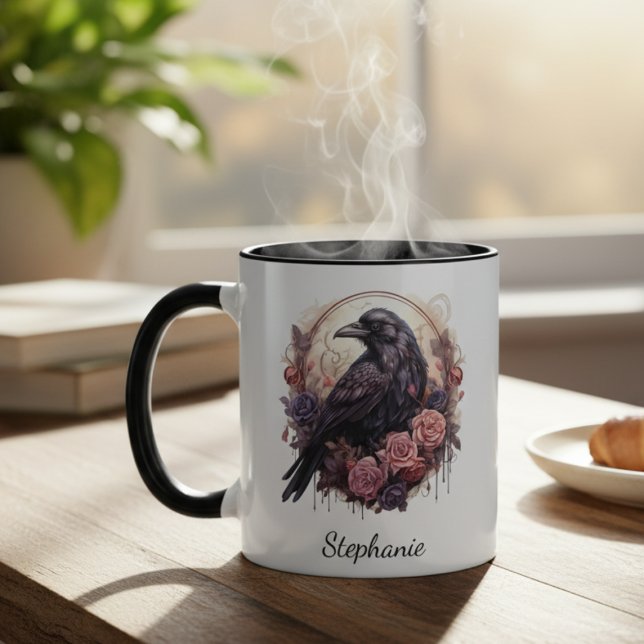 Dark Academia Raven Gothic Floral Tasse (Black raven with roses coffee mug
)